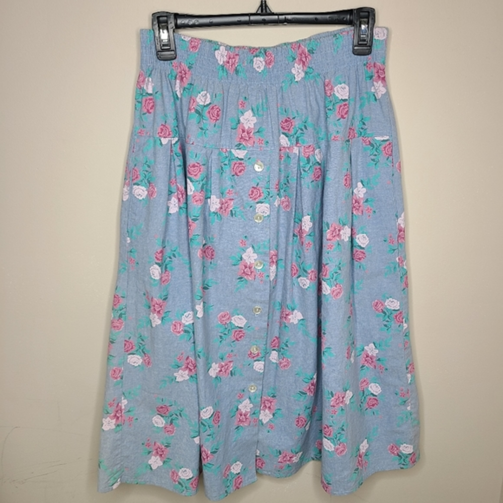 Jessica Scott 80s Blue Floral Cotton Button Front Midi Skirt‎ Size 14